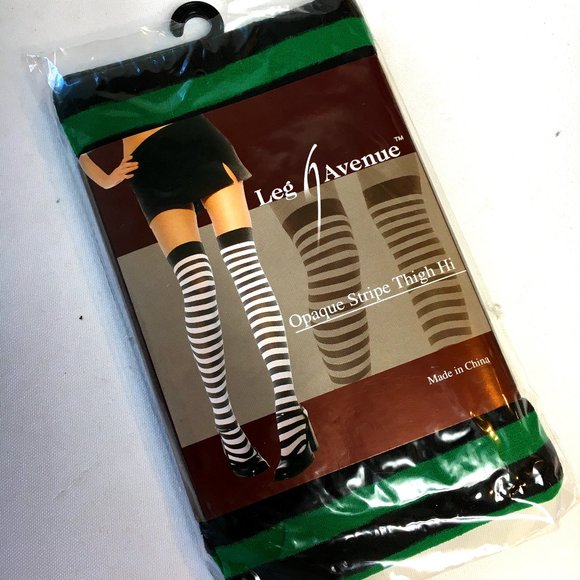 *Leg Ave #6005 Thigh High Grn & Blk Stripe NWT NOS - Picture 1 of 6